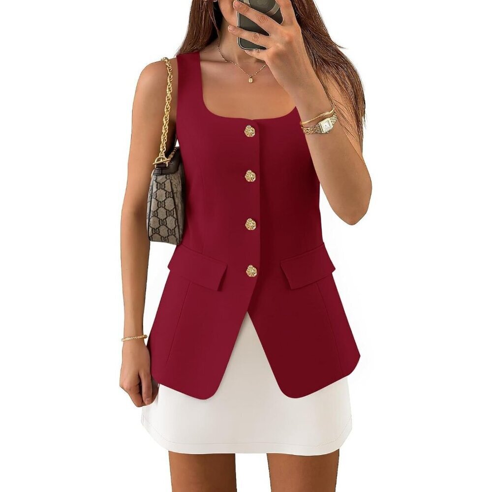 Women's Red Sleeveless Suit Vest Square Neck Button Down Work Business Blazer